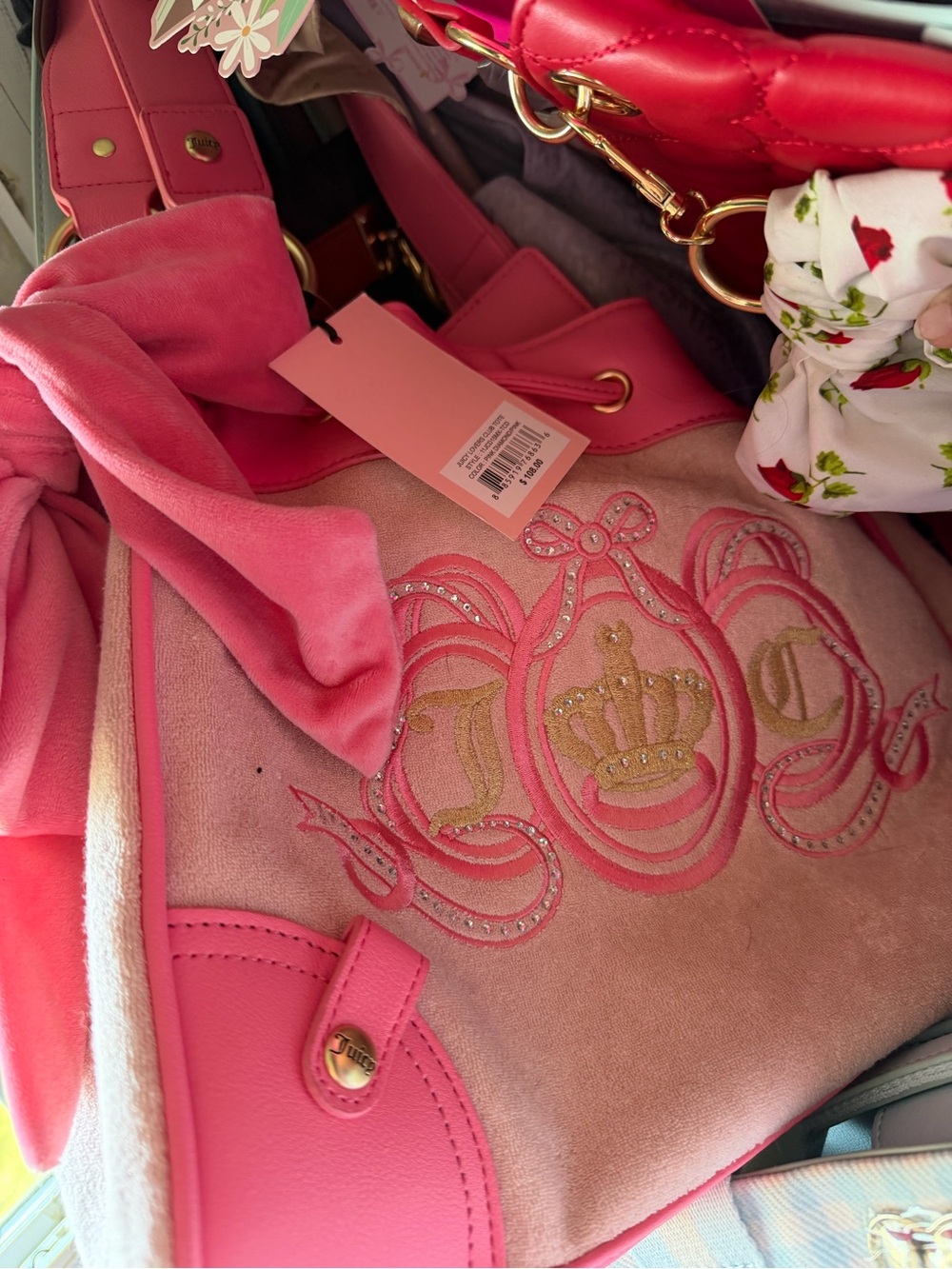 Juicy Couture Pink Velvet Crown Hobo Bag with Gold-Tone Accents